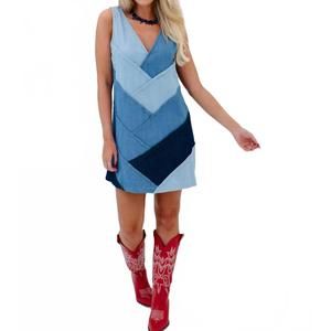 NEW FORE COLLECTION patchwork zigzag mini dress in denim